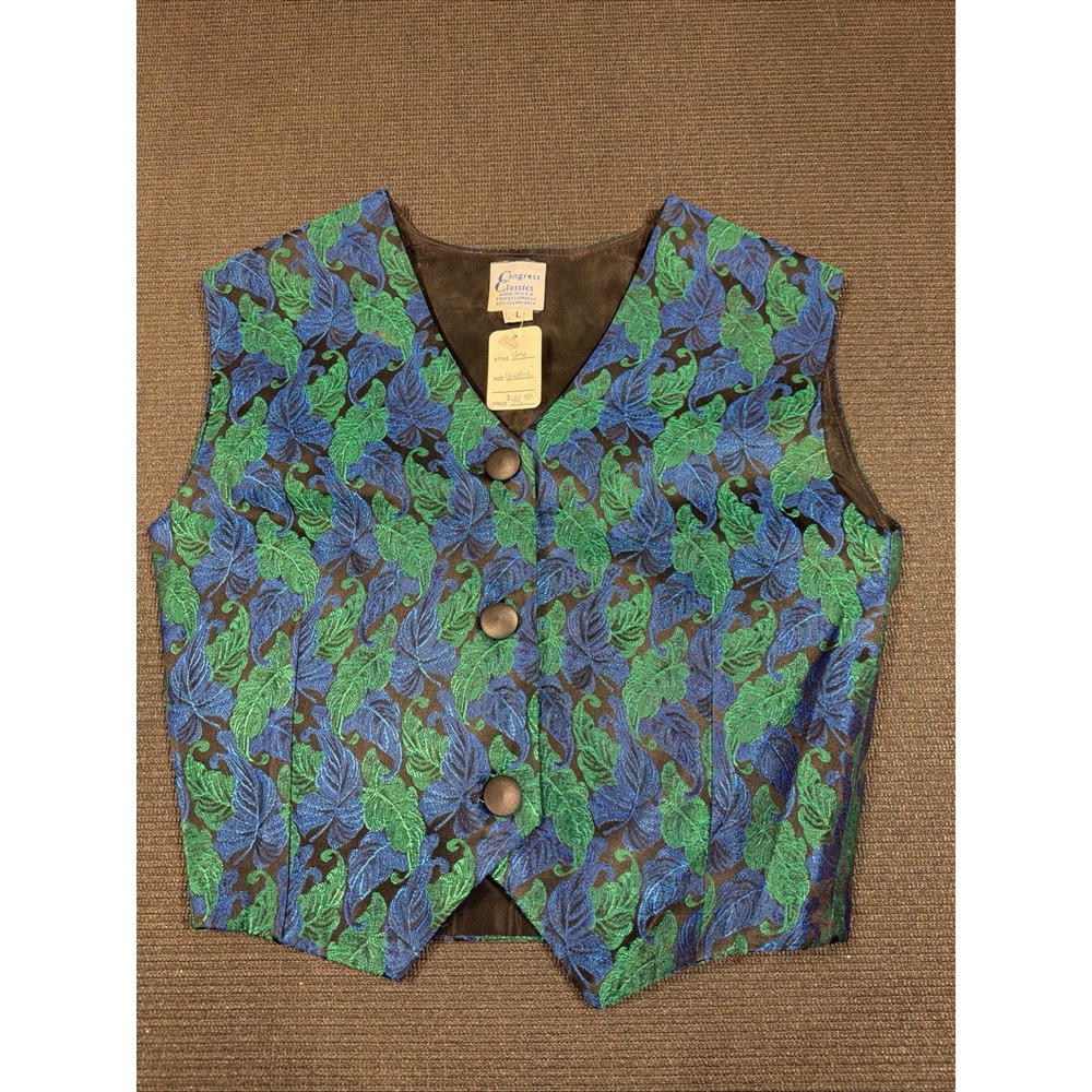New Classic Congress Western Show Vest Youth Large Blue Green Leaves 3 Button